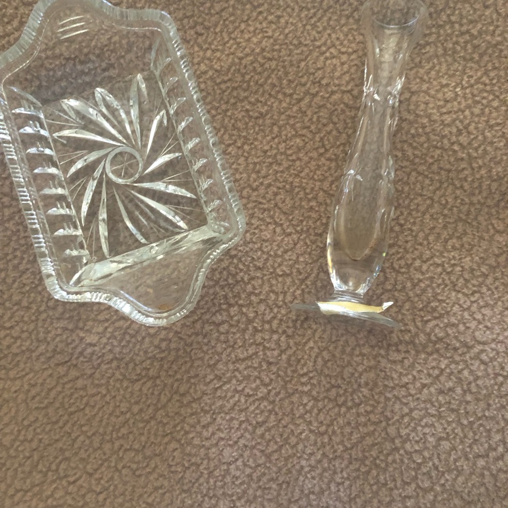 Clear Vintage  West Germany Cut Glass Decorative Vase & Small Tray - Set of 2